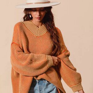 SO ME Oversized Two Tone Textured V Neck Sweater